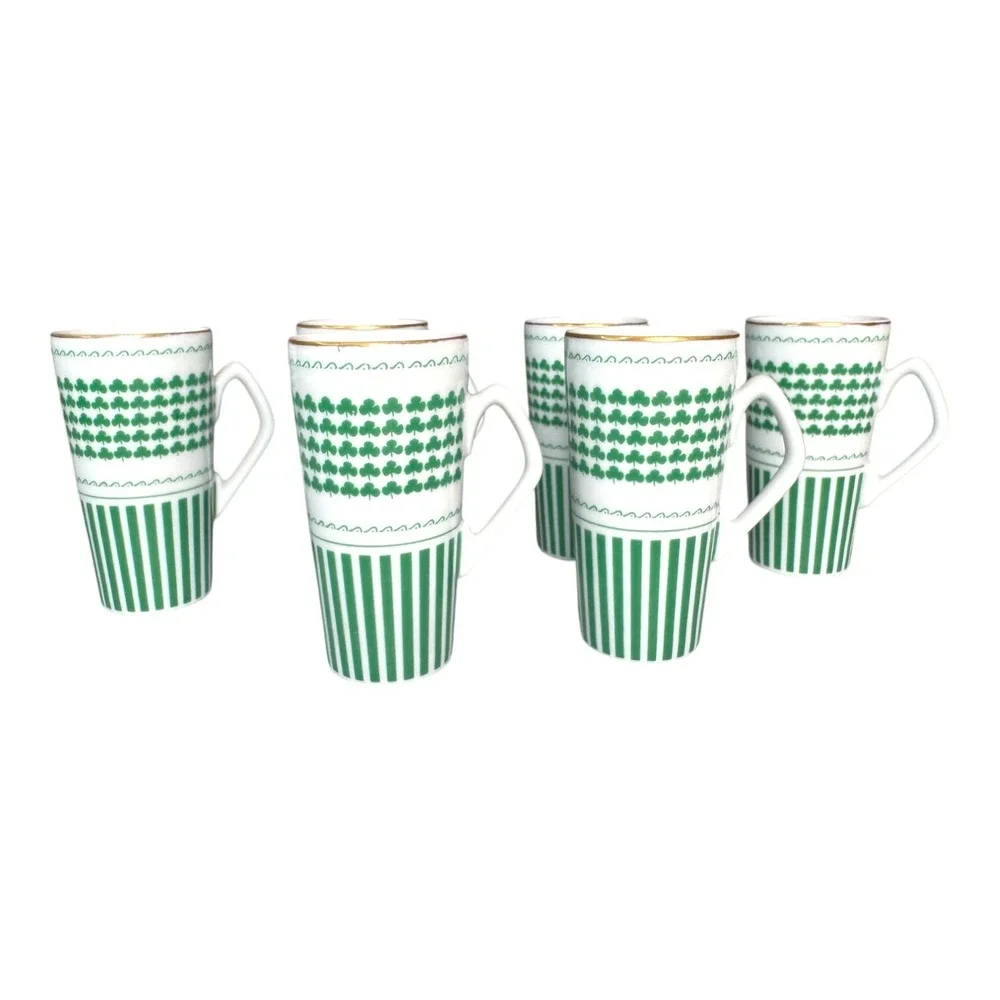 6 Demitasse Tea Cups‎ Neiman Marcus Japan 1970's Shamrock Clover Green White EUC